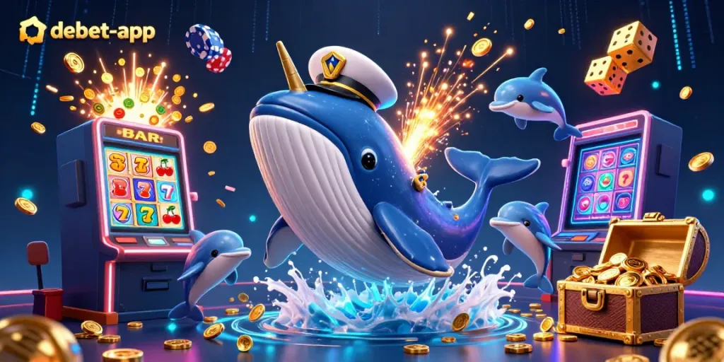 Experience exciting gaming at debet-app with vibrant casino elements and animated sea creatures.