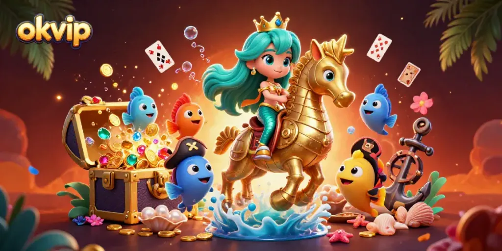 okvip's mermaid princess showcases vibrant underwater gaming elements in a colorful casino scene.