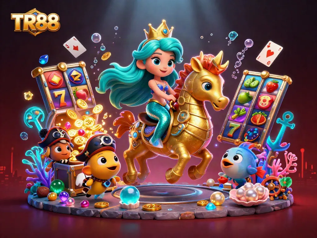 Spin the TR88 slot reels with vibrant symbols in an energetic underwater casino scene.
