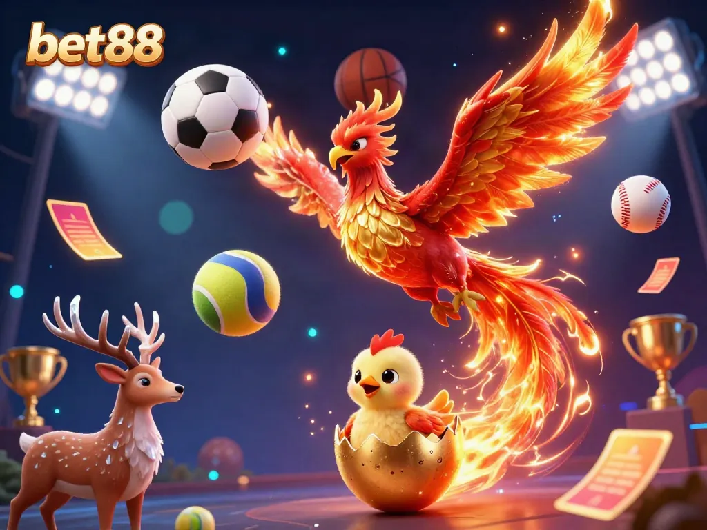 Experience the excitement of bet88 with a dazzling 3D phoenix amidst dynamic sports betting elements.