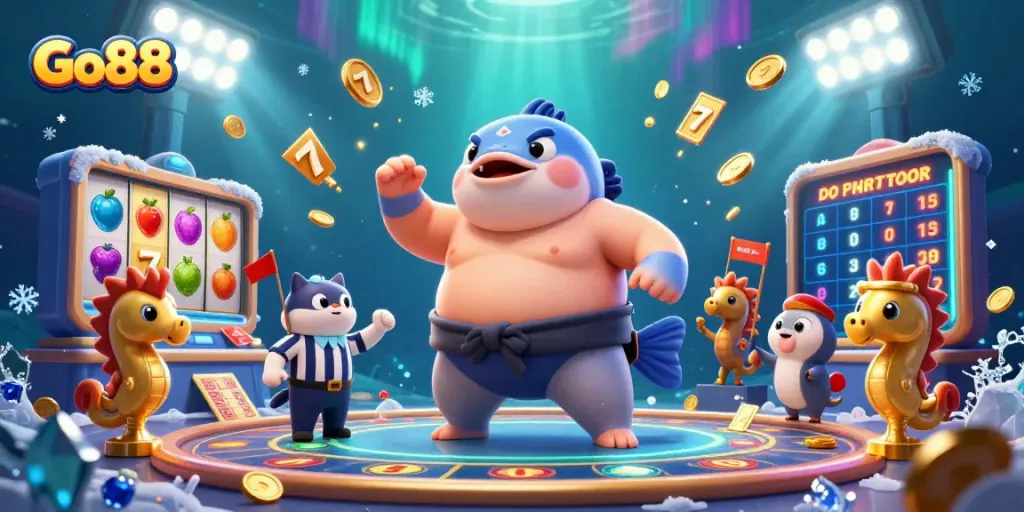 Engage with Go88's thrilling slots, where a cartoon fugu and wise catfish referee create excitement underwater.