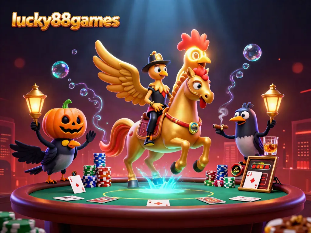 Experience the magic of lucky88games with a lively casino scene featuring a golden rooster and vibrant poker elements.