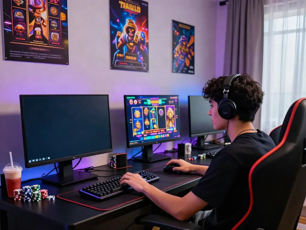 Engaged gamer enjoying slot Thailand games at a vibrant home setup