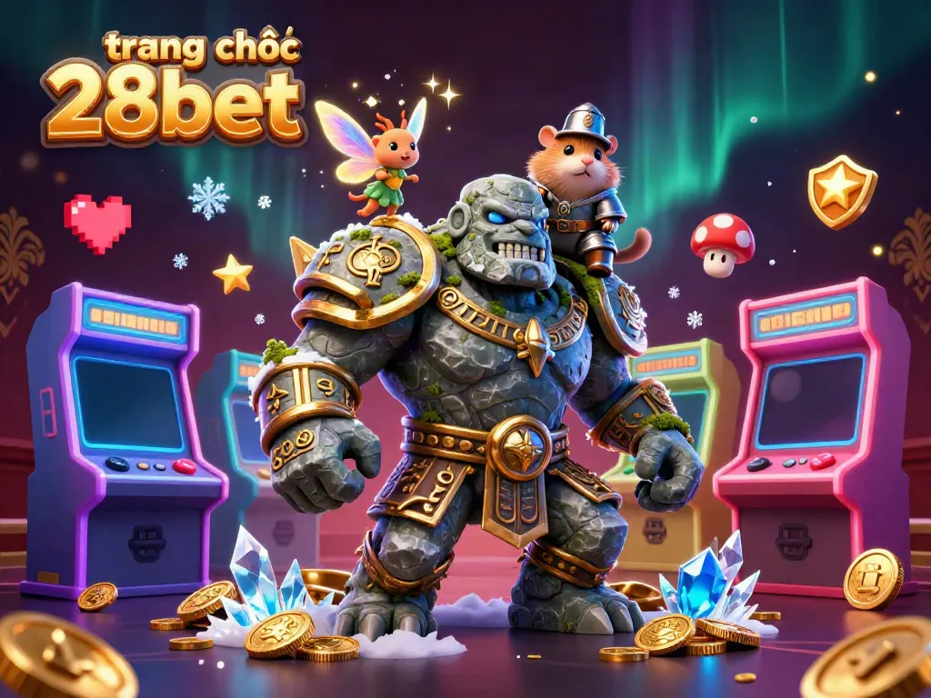 Experience the excitement of trang chủ 28bet with a vibrant 3D illustration of a golem guardian, fairy, and hamster knight surrounded by casino elements.