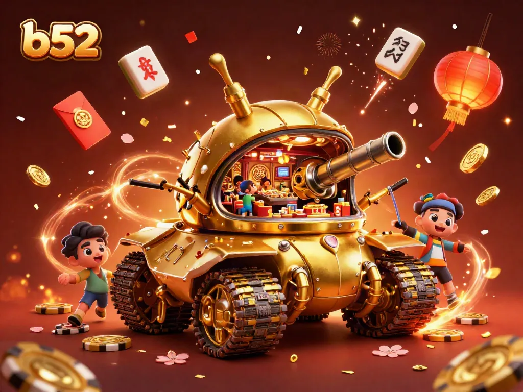 Experience the vibrant b52 gaming scene with a golden casino tank bursting confetti and joy.