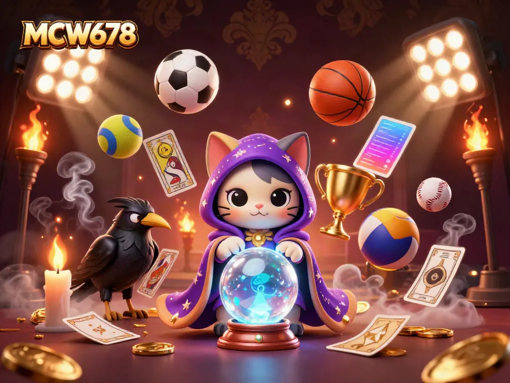 Experience the thrill of MCW678 with a magical casino scene featuring a fortune teller cat and secretive raven.