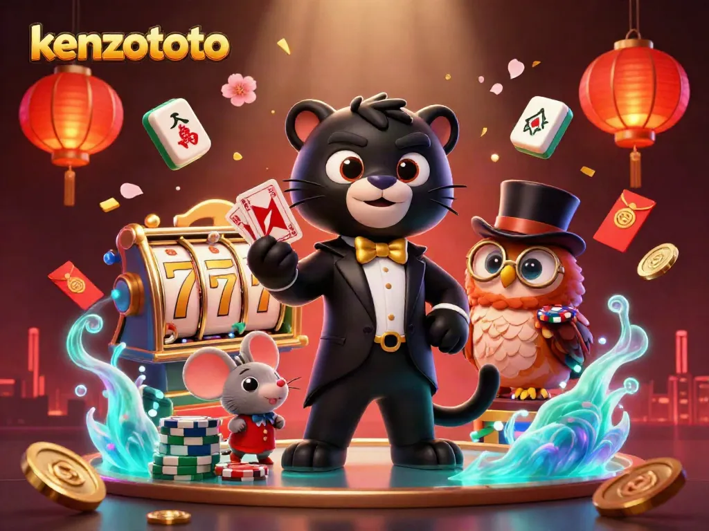 Experience kenzototo gaming with a stylish panther dealing cards amidst vibrant casino elements.